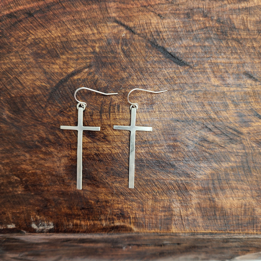 Long Sterling Silver Cross Earrings